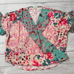 Umgee Multi Floral Mixed Print V-Neck Blouse